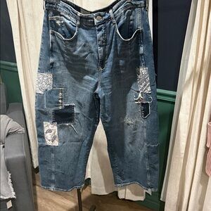 Pilcro Blue Patchwork Cropped Ankle Jeans